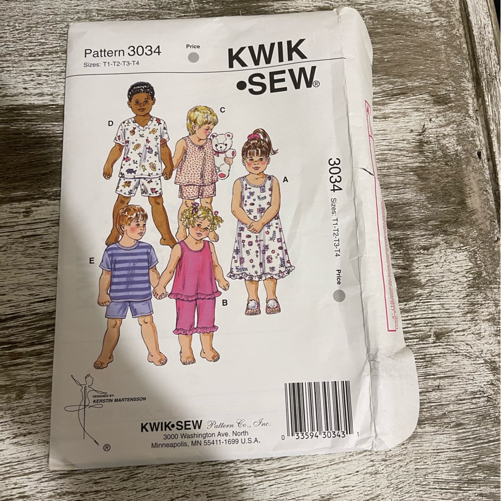 Cut Kwik Sew 3034 Toddler Nightgown & Pajamas T1 T2 T3 T4 Sewing Pattern